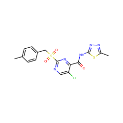 Cc1ccc(CS(=O)(=O)c2ncc(Cl)c(C(=O)Nc3nnc(C)s3)n2)cc1 ZINC000008917465