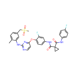 Cc1ccc(CS(C)(=O)=O)cc1Nc1nccc(Oc2ccc(NC(=O)C3(C(=O)Nc4ccc(F)cc4)CC3)cc2F)n1 ZINC000169350837