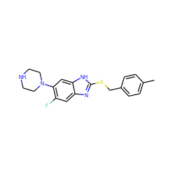 Cc1ccc(CSc2nc3cc(F)c(N4CCNCC4)cc3[nH]2)cc1 ZINC000029048420