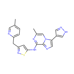 Cc1ccc(Cc2cc(Nc3nc(C)cn4c(-c5cn[nH]c5)cnc34)sn2)nc1 ZINC000144515408