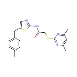 Cc1ccc(Cc2cnc(NC(=O)CSc3nc(C)cc(C)n3)s2)cc1 ZINC000000818851