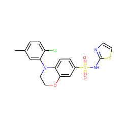 Cc1ccc(Cl)c(N2CCOc3cc(S(=O)(=O)Nc4nccs4)ccc32)c1 ZINC000220173628