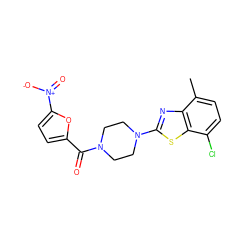 Cc1ccc(Cl)c2sc(N3CCN(C(=O)c4ccc([N+](=O)[O-])o4)CC3)nc12 ZINC000004583557