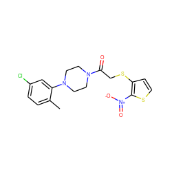 Cc1ccc(Cl)cc1N1CCN(C(=O)CSc2ccsc2[N+](=O)[O-])CC1 ZINC000004911244