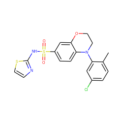 Cc1ccc(Cl)cc1N1CCOc2cc(S(=O)(=O)Nc3nccs3)ccc21 ZINC000220240513