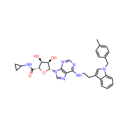 Cc1ccc(Cn2cc(CCNc3ncnc4c3ncn4[C@@H]3O[C@H](C(=O)NC4CC4)[C@@H](O)[C@H]3O)c3ccccc32)cc1 ZINC000012405743