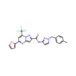 Cc1ccc(Cn2ccc(NC(=O)c3cc4nc(-c5ccco5)cc(C(F)(F)F)n4n3)n2)cc1 ZINC000000918326