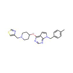 Cc1ccc(Cn2ccc3c(OC4CCN(Cc5cscn5)CC4)ncnc32)cc1 ZINC000084602401