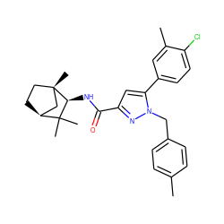 Cc1ccc(Cn2nc(C(=O)N[C@H]3C(C)(C)[C@H]4CC[C@@]3(C)C4)cc2-c2ccc(Cl)c(C)c2)cc1 ZINC000100402265