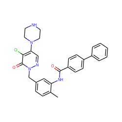 Cc1ccc(Cn2ncc(N3CCNCC3)c(Cl)c2=O)cc1NC(=O)c1ccc(-c2ccccc2)cc1 ZINC000040863575