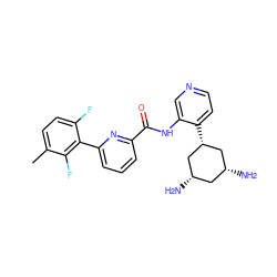 Cc1ccc(F)c(-c2cccc(C(=O)Nc3cnccc3[C@@H]3C[C@H](N)C[C@H](N)C3)n2)c1F ZINC000169697094