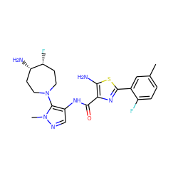 Cc1ccc(F)c(-c2nc(C(=O)Nc3cnn(C)c3N3CC[C@H](N)[C@H](F)CC3)c(N)s2)c1 ZINC000169699337