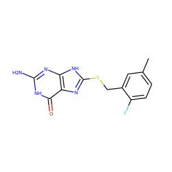 Cc1ccc(F)c(CSc2nc3c(=O)[nH]c(N)nc3[nH]2)c1 ZINC000653903437