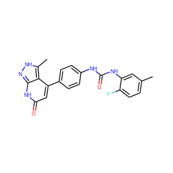 Cc1ccc(F)c(NC(=O)Nc2ccc(-c3cc(=O)[nH]c4n[nH]c(C)c34)cc2)c1 ZINC001772586185