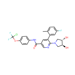 Cc1ccc(F)cc1-c1cc(C(=O)Nc2ccc(OC(F)(F)Cl)cc2)cnc1N1C[C@H](O)[C@@H](O)C1 ZINC000224427821