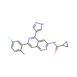 Cc1ccc(F)cc1-c1cc2cnc(NC(=O)C3CC3)cc2c(-c2cn[nH]c2)n1 ZINC000144340490