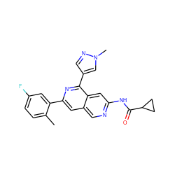 Cc1ccc(F)cc1-c1cc2cnc(NC(=O)C3CC3)cc2c(-c2cnn(C)c2)n1 ZINC000144377182