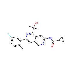 Cc1ccc(F)cc1-c1cc2cnc(NC(=O)C3CC3)cc2c(C(C)(C)O)n1 ZINC000144357682