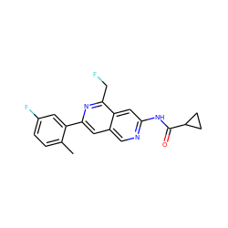 Cc1ccc(F)cc1-c1cc2cnc(NC(=O)C3CC3)cc2c(CF)n1 ZINC000169700081