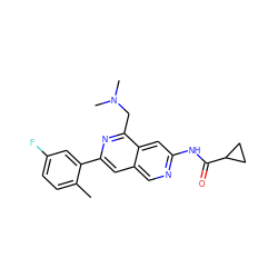 Cc1ccc(F)cc1-c1cc2cnc(NC(=O)C3CC3)cc2c(CN(C)C)n1 ZINC000144337676