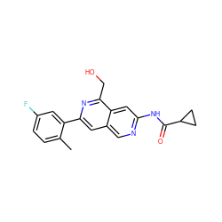 Cc1ccc(F)cc1-c1cc2cnc(NC(=O)C3CC3)cc2c(CO)n1 ZINC000169700080