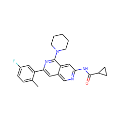 Cc1ccc(F)cc1-c1cc2cnc(NC(=O)C3CC3)cc2c(N2CCCCC2)n1 ZINC000144323812