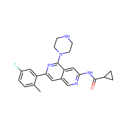 Cc1ccc(F)cc1-c1cc2cnc(NC(=O)C3CC3)cc2c(N2CCNCC2)n1 ZINC000169700085