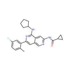 Cc1ccc(F)cc1-c1cc2cnc(NC(=O)C3CC3)cc2c(NC2CCCC2)n1 ZINC000144323369