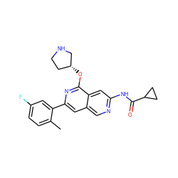 Cc1ccc(F)cc1-c1cc2cnc(NC(=O)C3CC3)cc2c(O[C@@H]2CCNC2)n1 ZINC000144301403