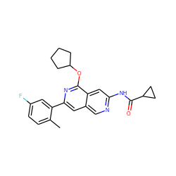 Cc1ccc(F)cc1-c1cc2cnc(NC(=O)C3CC3)cc2c(OC2CCCC2)n1 ZINC000144266029