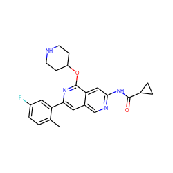 Cc1ccc(F)cc1-c1cc2cnc(NC(=O)C3CC3)cc2c(OC2CCNCC2)n1 ZINC000144312137