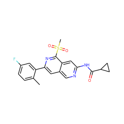 Cc1ccc(F)cc1-c1cc2cnc(NC(=O)C3CC3)cc2c(S(C)(=O)=O)n1 ZINC000169700082