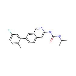 Cc1ccc(F)cc1-c1ccc2cc(NC(=O)NC(C)C)ncc2c1 ZINC000169699993