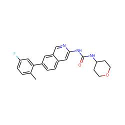 Cc1ccc(F)cc1-c1ccc2cc(NC(=O)NC3CCOCC3)ncc2c1 ZINC000144376578