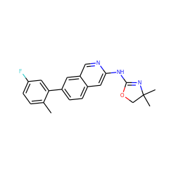 Cc1ccc(F)cc1-c1ccc2cc(NC3=NC(C)(C)CO3)ncc2c1 ZINC000144383952