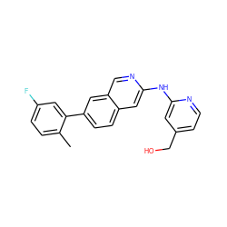 Cc1ccc(F)cc1-c1ccc2cc(Nc3cc(CO)ccn3)ncc2c1 ZINC000144347942