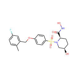 Cc1ccc(F)cc1COc1ccc(S(=O)(=O)N2C[C@H](O)CC[C@@H]2C(=O)NO)cc1 ZINC000003820645