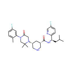 Cc1ccc(F)cc1N1CC(C)(C)N([C@H]2CNC[C@@H](C(=O)N[C@H](CC(C)C)c3ccc(F)cn3)C2)CC1=O ZINC000096283058