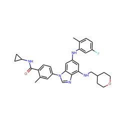 Cc1ccc(F)cc1Nc1cc(NCC2CCOCC2)c2ncn(-c3ccc(C(=O)NC4CC4)c(C)c3)c2c1 ZINC000147662645