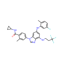 Cc1ccc(F)cc1Nc1cc(NCCC(F)(F)F)c2ncn(-c3ccc(C(=O)NC4CC4)c(C)c3)c2c1 ZINC000147747837