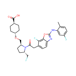 Cc1ccc(F)cc1Nc1nc2ccc(CC(=O)N3[C@H](CF)CC[C@H]3CO[C@H]3CC[C@H](C(=O)O)CC3)c(F)c2o1 ZINC000261155236