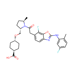 Cc1ccc(F)cc1Nc1nc2ccc(CC(=O)N3[C@H](CO[C@H]4CC[C@H](C(=O)O)CC4)CC[C@H]3C)c(F)c2o1 ZINC000261180622