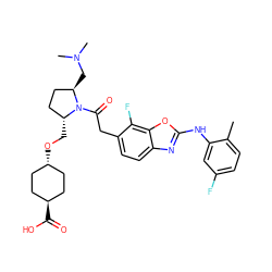 Cc1ccc(F)cc1Nc1nc2ccc(CC(=O)N3[C@H](CO[C@H]4CC[C@H](C(=O)O)CC4)CC[C@H]3CN(C)C)c(F)c2o1 ZINC000261171221