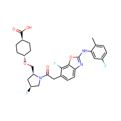 Cc1ccc(F)cc1Nc1nc2ccc(CC(=O)N3C[C@@H](F)C[C@H]3CO[C@H]3CC[C@H](C(=O)O)CC3)c(F)c2o1 ZINC000253683377