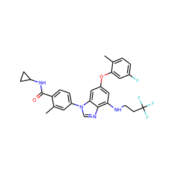 Cc1ccc(F)cc1Oc1cc(NCCC(F)(F)F)c2ncn(-c3ccc(C(=O)NC4CC4)c(C)c3)c2c1 ZINC000147694811