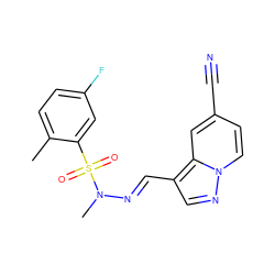 Cc1ccc(F)cc1S(=O)(=O)N(C)/N=C/c1cnn2ccc(C#N)cc12 ZINC000082150250