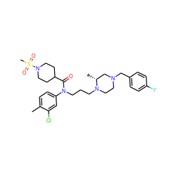 Cc1ccc(N(CCCN2CCN(Cc3ccc(F)cc3)C[C@H]2C)C(=O)C2CCN(S(C)(=O)=O)CC2)cc1Cl ZINC000299857328