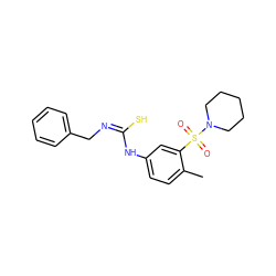 Cc1ccc(N/C(S)=N\Cc2ccccc2)cc1S(=O)(=O)N1CCCCC1 ZINC000013682960