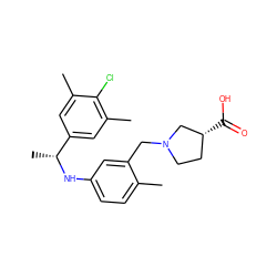 Cc1ccc(N[C@H](C)c2cc(C)c(Cl)c(C)c2)cc1CN1CC[C@@H](C(=O)O)C1 ZINC000118390717