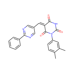 Cc1ccc(N2C(=O)NC(=O)/C(=C/c3cnc(-c4ccccc4)nc3)C2=O)cc1C ZINC000004873324